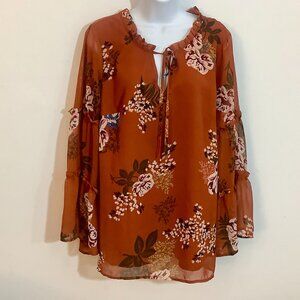 Tunic Top Sz 14 - 16 Brown Print Sheer Lined Lg Sleeve Coquette  Flowy Office